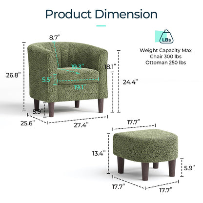 LINSY Accent Chair with Ottoman, Modern Barrel Chair Comfy Armchair Reading Chair with Footrest, Round Arms Chair for Living Room Bedroom Reading Room, Velvet, Olive