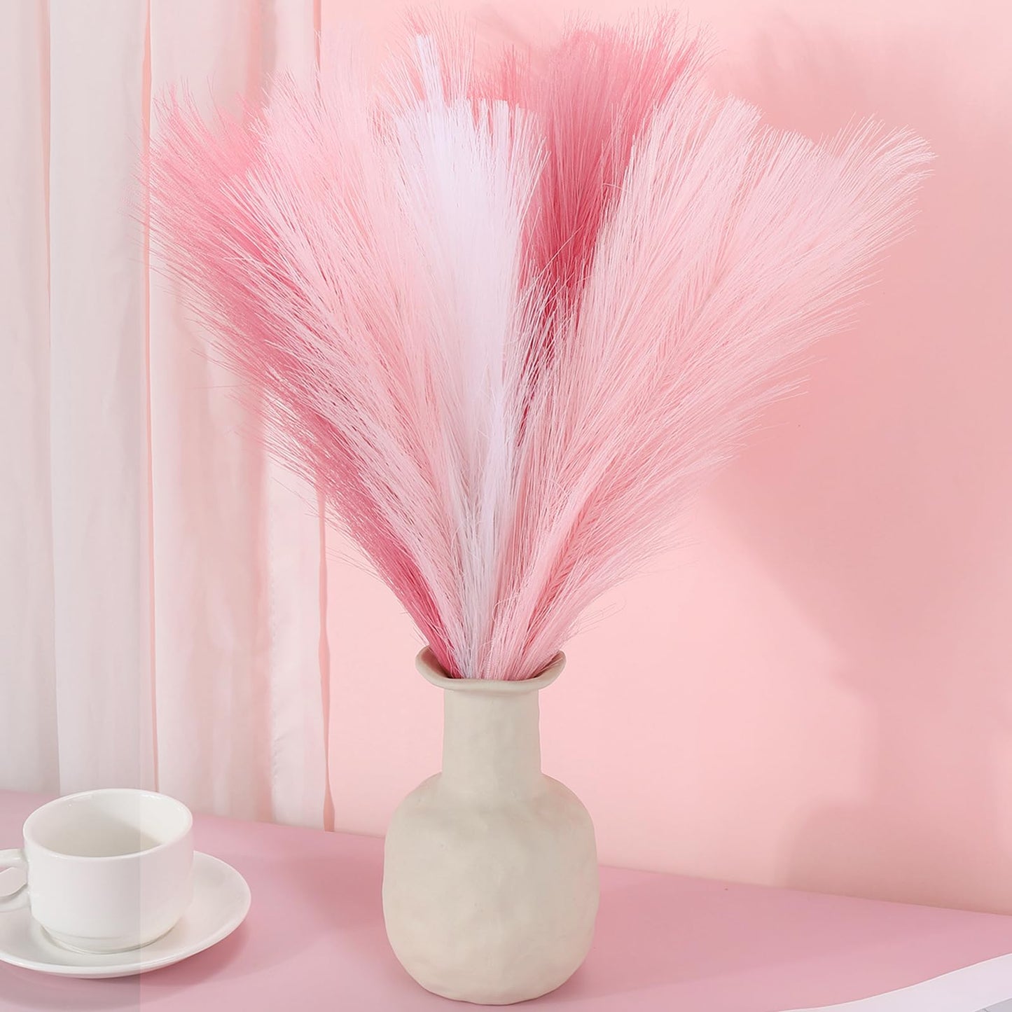 9 Pcs 17" Pampas Grass Decor Pink Purple Faux Dried Fluffy Fake Small Violet Pompas Artificial Pompous Short Stems Bouquet Flower Arrangement Vase Filler for Boho Home Wedding Decoration