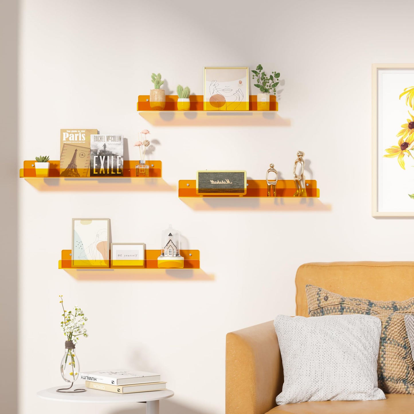 upsimples 4 Pack Acrylic Shelves for Wall Storage, 15" Floating Bookshelves for Kids, Display Shelf Organizer for Bathroom, Bedroom, Living Room, Kitchen, Room Decor, Clear