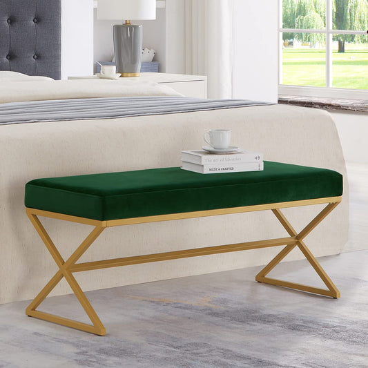 24KF Velvet Upholstered Entryway Bench with Metal Leg, Padded Bedroom Bench Seat Cushion with Golden Metal X-Legs -Jade