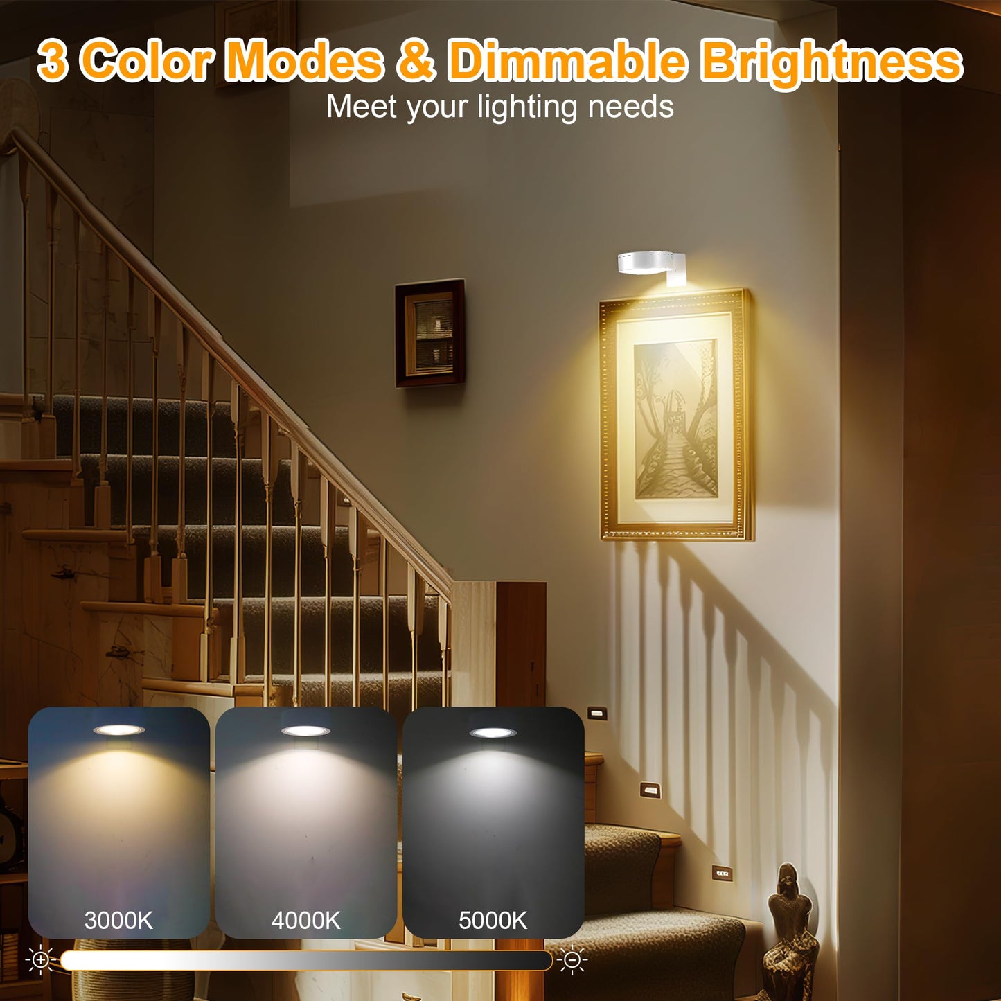 3Pcs Battery Operated Picture Light, Magnetic Led Painting Light with Remote Dimmable and Timer, 3 Lighting Modes Art Display Light for Picture Frame Paintings, Wireless Wall Decor Puck Lights, Gold