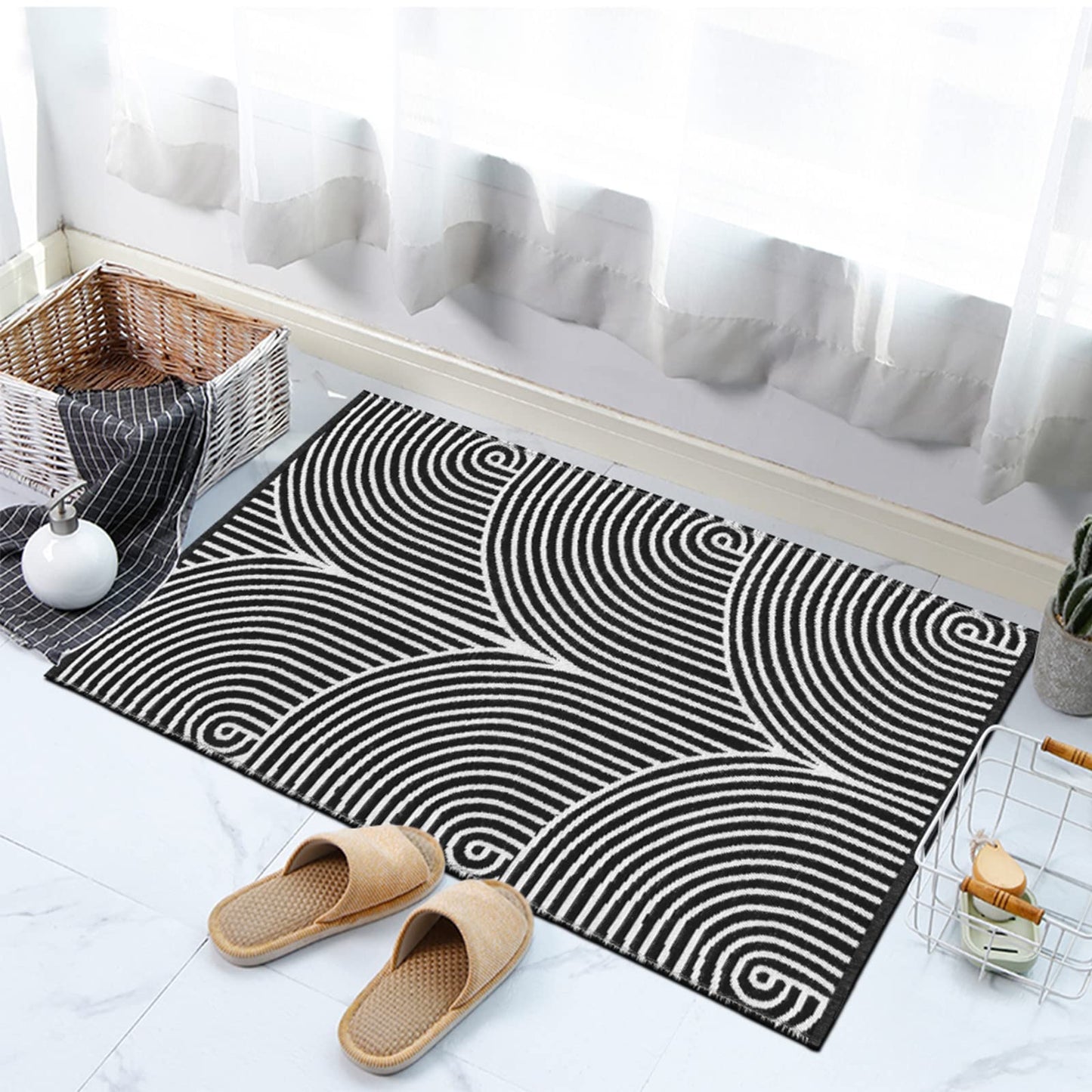 Tiffasea Woven Runner Rug 2'x6', Machine Washable Indoor Outdoor Rugs Cotton Woven Area Rug Hallway Runner Rug Entryway Rug for Living Room/Laundry/Bathroom/Bedroom(Black and White)