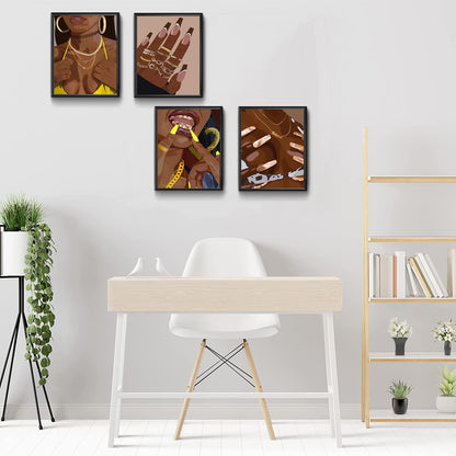 Black Woman Art Prints,Boho Black Female Wall Art, African American Woman Wall Art Poster, ,Abstract Black Girl Wall Art Decoration,Girl Room Wall Decoration Gift Bedroom Living Room Decoration,Set of 4 (8"x10" Unframed)