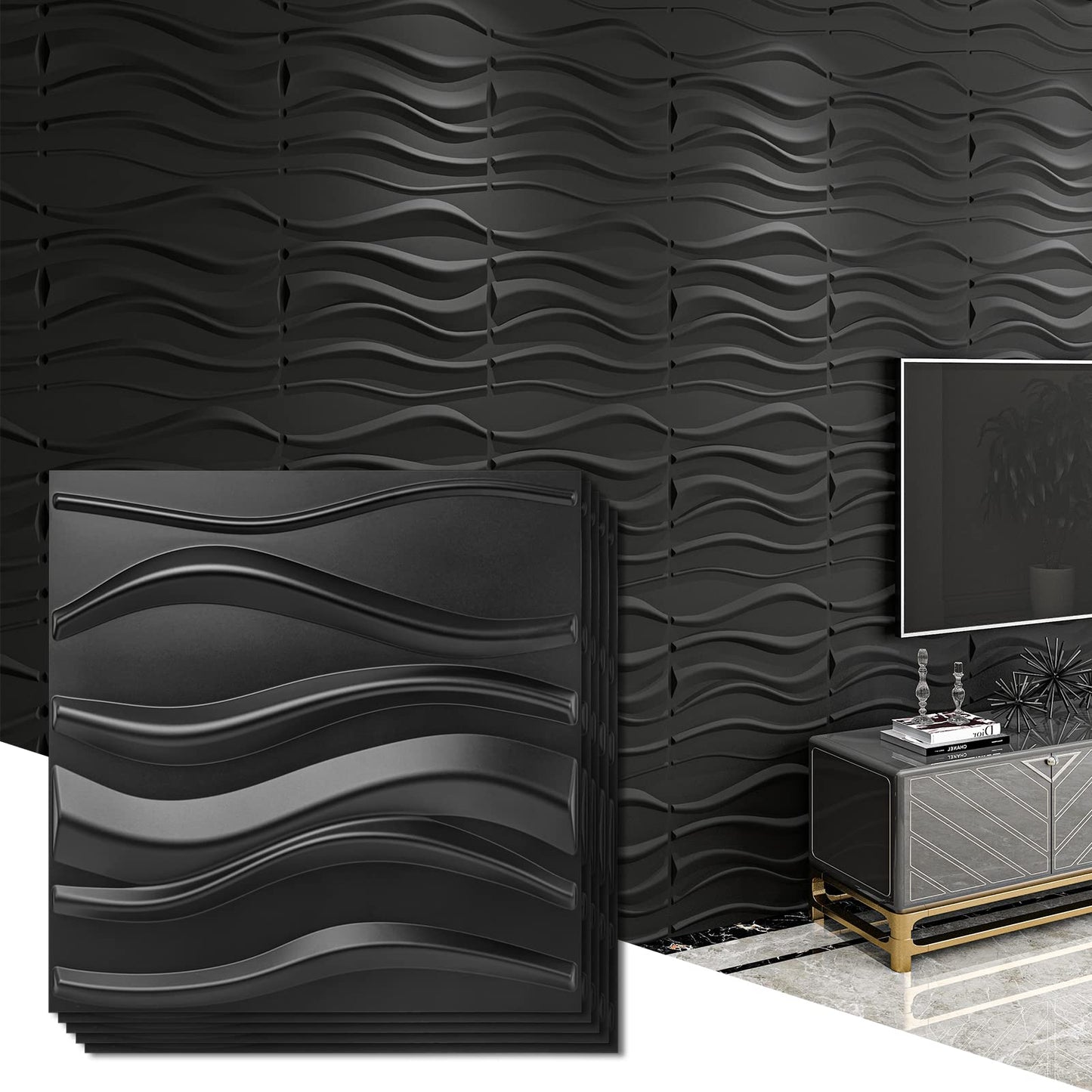 Art3d PVC Decorative Textures Black 3D Wall Panels for Interior Wall Décor, Black Wall Decor,Pack of 12 Tiles 32 Sq Ft