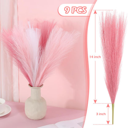 9 Pcs 17" Pampas Grass Decor Pink Purple Faux Dried Fluffy Fake Small Violet Pompas Artificial Pompous Short Stems Bouquet Flower Arrangement Vase Filler for Boho Home Wedding Decoration