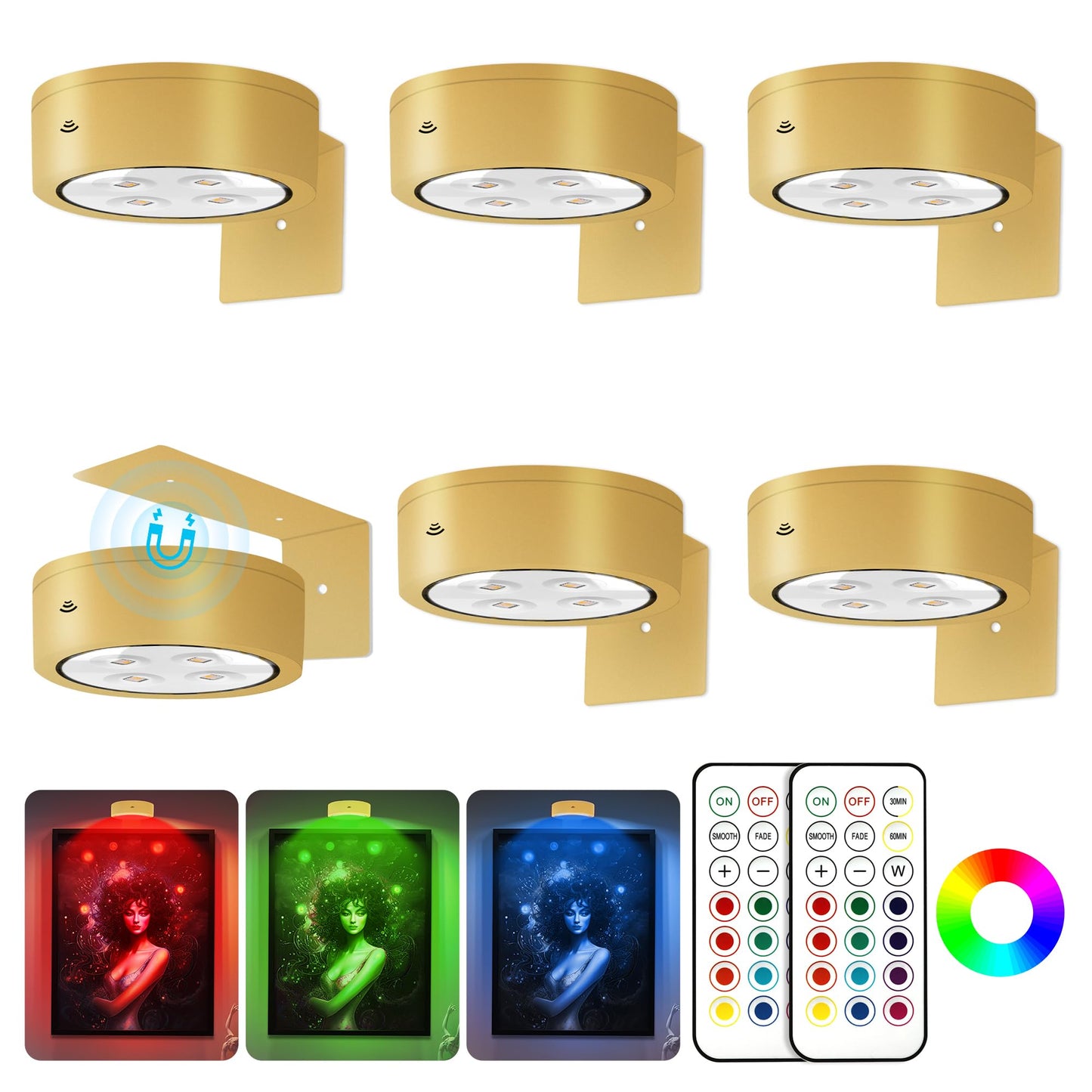 3Pcs Battery Operated Picture Light, Magnetic Led Painting Light with Remote Dimmable and Timer, 3 Lighting Modes Art Display Light for Picture Frame Paintings, Wireless Wall Decor Puck Lights, Gold