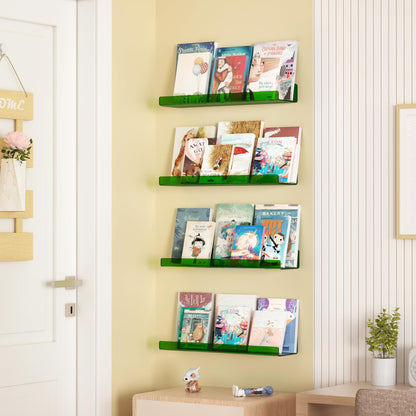 upsimples 4 Pack Acrylic Shelves for Wall Storage, 15" Floating Bookshelves for Kids, Display Shelf Organizer for Bathroom, Bedroom, Living Room, Kitchen, Room Decor, Clear