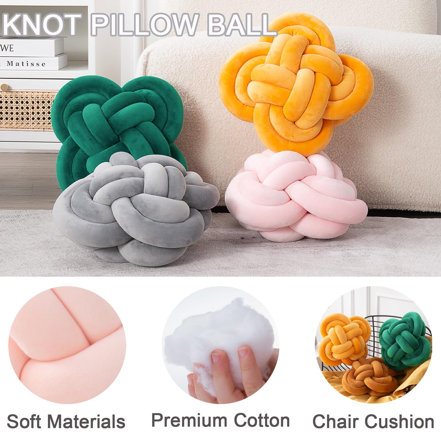 Xiashrk Knot Pillow, Decorative Throw Pillows with Soft Plush for Couch, 12" Knotted Pillows Dark Green Dorm Room Decor Knot Pillow Ball Decorative Cushion for Bed Living Room