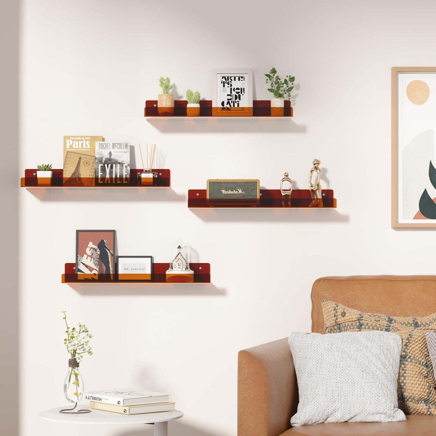 upsimples 4 Pack Acrylic Shelves for Wall Storage, 15" Floating Bookshelves for Kids, Display Shelf Organizer for Bathroom, Bedroom, Living Room, Kitchen, Room Decor, Clear