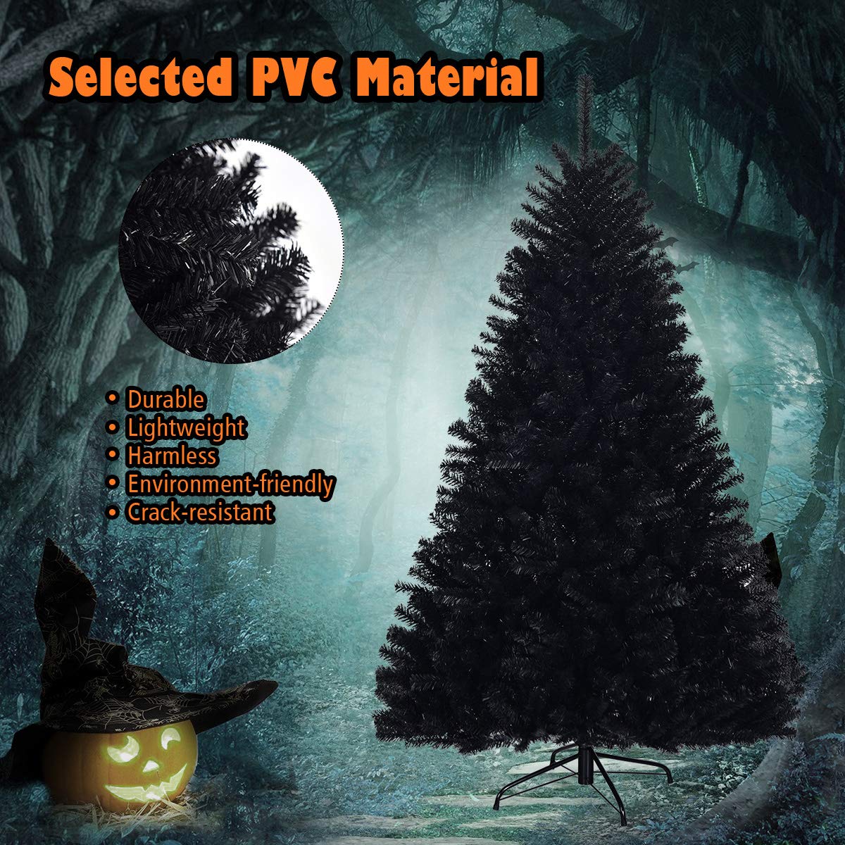 Goplus 6ft Unlit Black Christmas Tree, Artificial Halloween Tree with 1036 Branch Tips, Metal Stand, Xmas Full Tree for Indoor Holiday Carnival Party