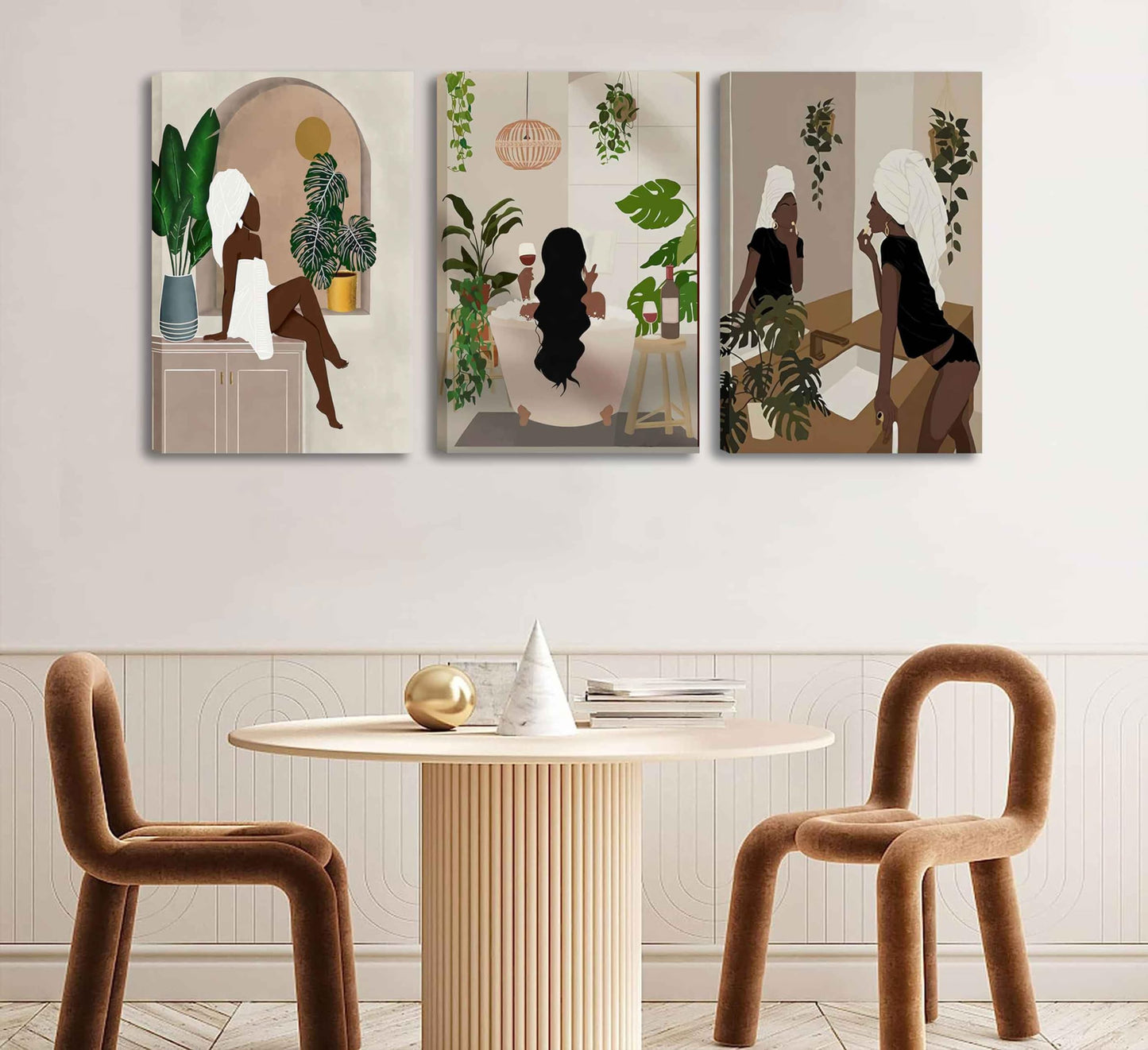 WSTUKVV 3Pcs Black Girl Bathroom Wall Art Boho Black Woman Posters Pictures African American Canvas Prints Fashion Abstract Paintings for Bathroom Home Bedroom Living Room Wall Decor Unframe