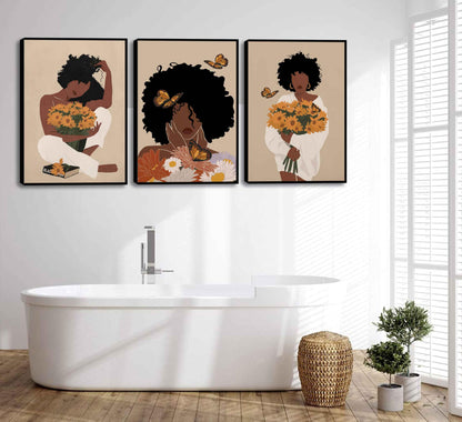 WSTUKVV 3Pcs Black Girl Bathroom Wall Art Boho Black Woman Posters Pictures African American Canvas Prints Fashion Abstract Paintings for Bathroom Home Bedroom Living Room Wall Decor Unframe