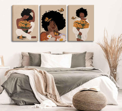 WSTUKVV 3Pcs Black Girl Bathroom Wall Art Boho Black Woman Posters Pictures African American Canvas Prints Fashion Abstract Paintings for Bathroom Home Bedroom Living Room Wall Decor Unframe