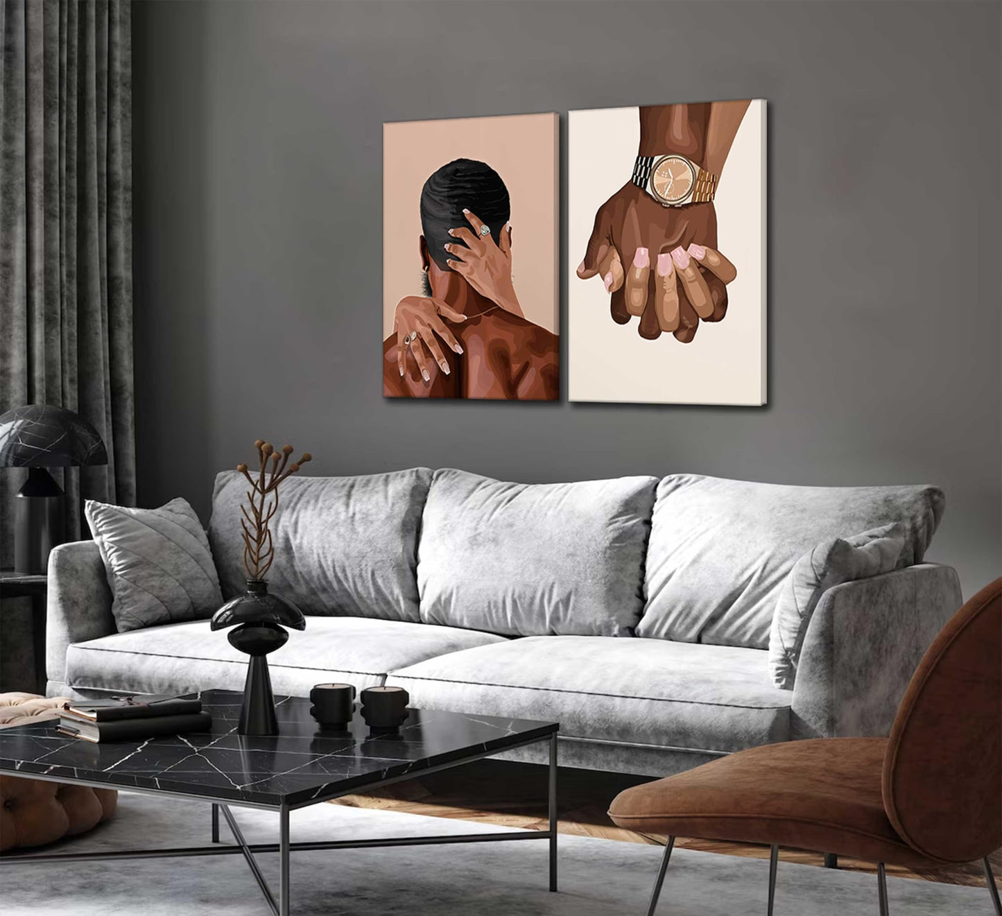 2 Pcs Afro Black Couple Canvas Wall Art African American Women Men Black Love Pictures Wall Decor Black Girl Poster Print Artwork for Bedroom Living Room Bathroom Office Home Decoration