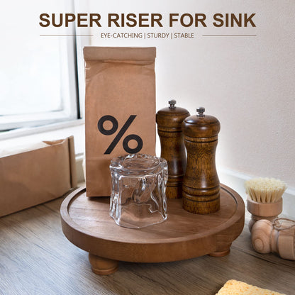 EOSAHR Modern Wood Riser for Display : Farmhouse Pedestal Stand for Kitchen Counter and Home Decor, Round Waterproof Display Tray for Soap on Sink (Black)