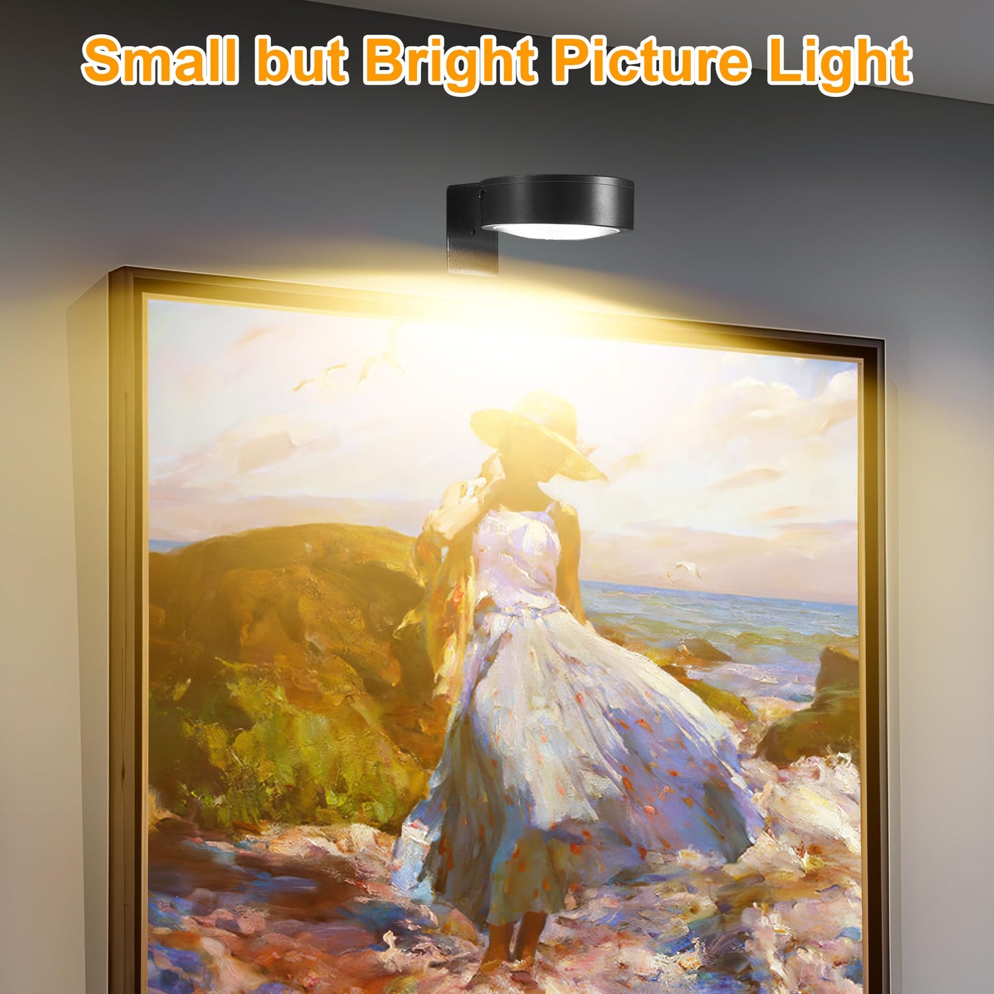 3Pcs Battery Operated Picture Light, Magnetic Led Painting Light with Remote Dimmable and Timer, 3 Lighting Modes Art Display Light for Picture Frame Paintings, Wireless Wall Decor Puck Lights, Gold