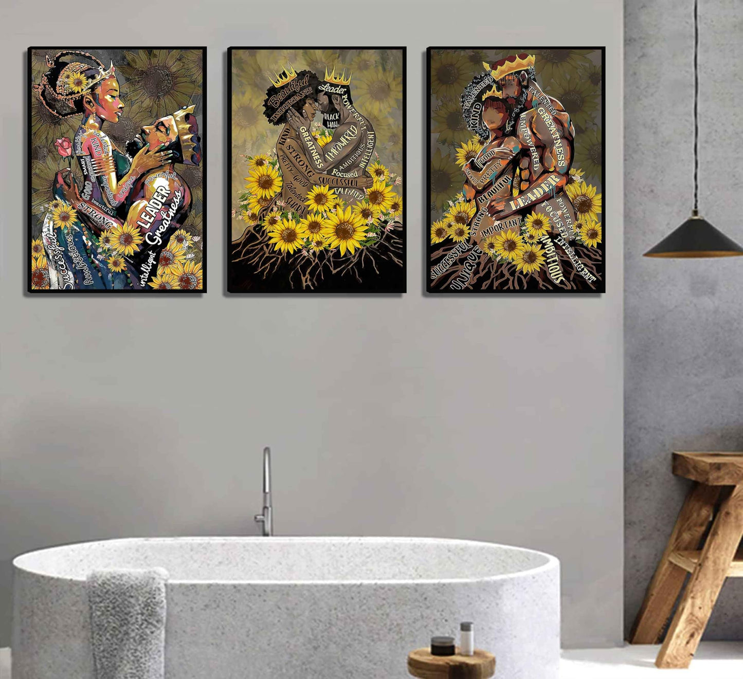 WSTUKVV 3Pcs Black Girl Bathroom Wall Art Boho Black Woman Posters Pictures African American Canvas Prints Fashion Abstract Paintings for Bathroom Home Bedroom Living Room Wall Decor Unframe