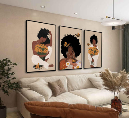 WSTUKVV 3Pcs Black Girl Bathroom Wall Art Boho Black Woman Posters Pictures African American Canvas Prints Fashion Abstract Paintings for Bathroom Home Bedroom Living Room Wall Decor Unframe