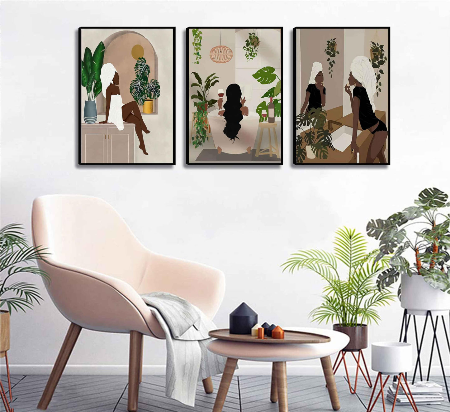 WSTUKVV 3Pcs Black Girl Bathroom Wall Art Boho Black Woman Posters Pictures African American Canvas Prints Fashion Abstract Paintings for Bathroom Home Bedroom Living Room Wall Decor Unframe