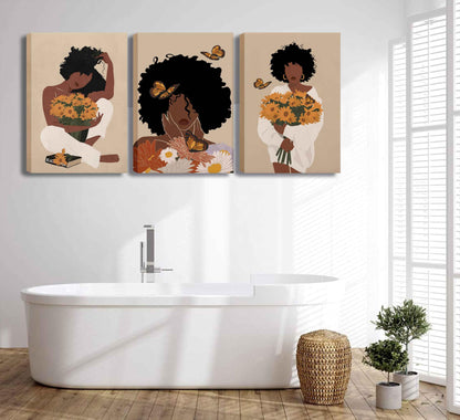 WSTUKVV 3Pcs Black Girl Bathroom Wall Art Boho Black Woman Posters Pictures African American Canvas Prints Fashion Abstract Paintings for Bathroom Home Bedroom Living Room Wall Decor Unframe