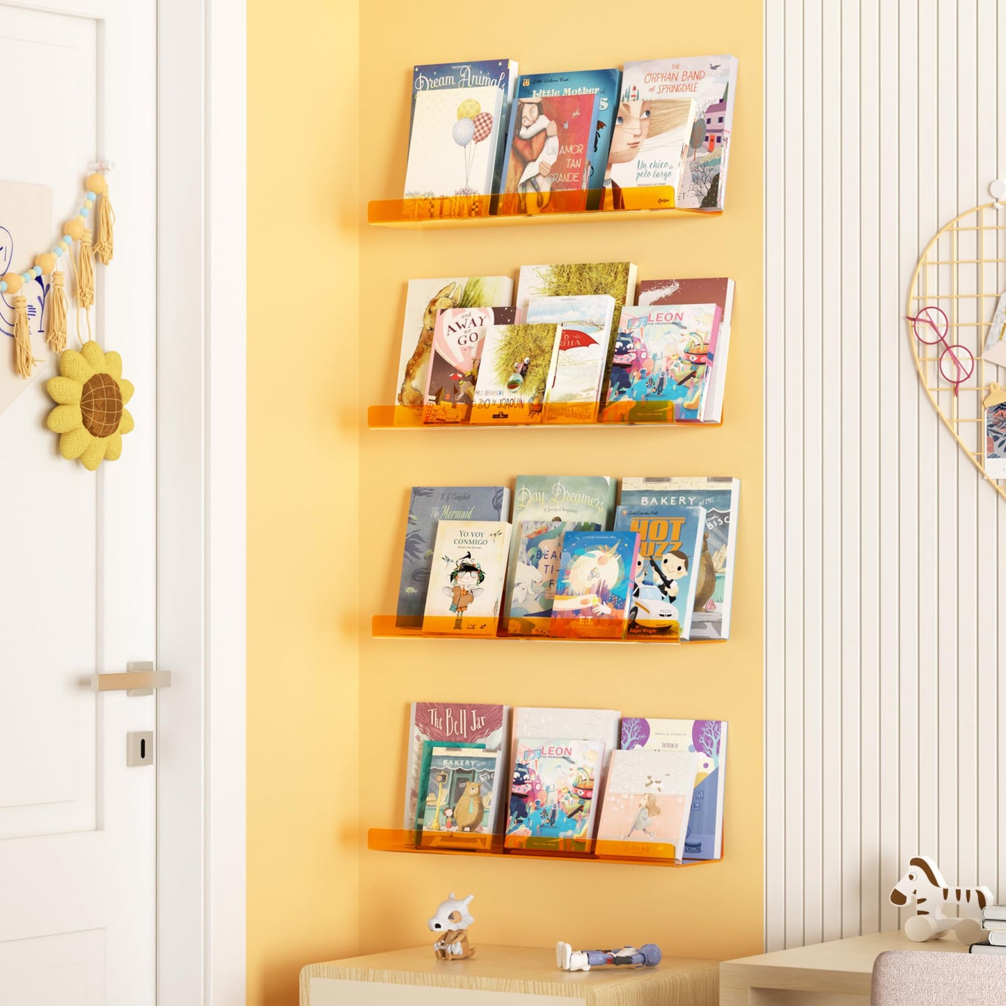 upsimples 4 Pack Acrylic Shelves for Wall Storage, 15" Floating Bookshelves for Kids, Display Shelf Organizer for Bathroom, Bedroom, Living Room, Kitchen, Room Decor, Clear