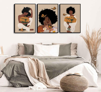 WSTUKVV 3Pcs Black Girl Bathroom Wall Art Boho Black Woman Posters Pictures African American Canvas Prints Fashion Abstract Paintings for Bathroom Home Bedroom Living Room Wall Decor Unframe