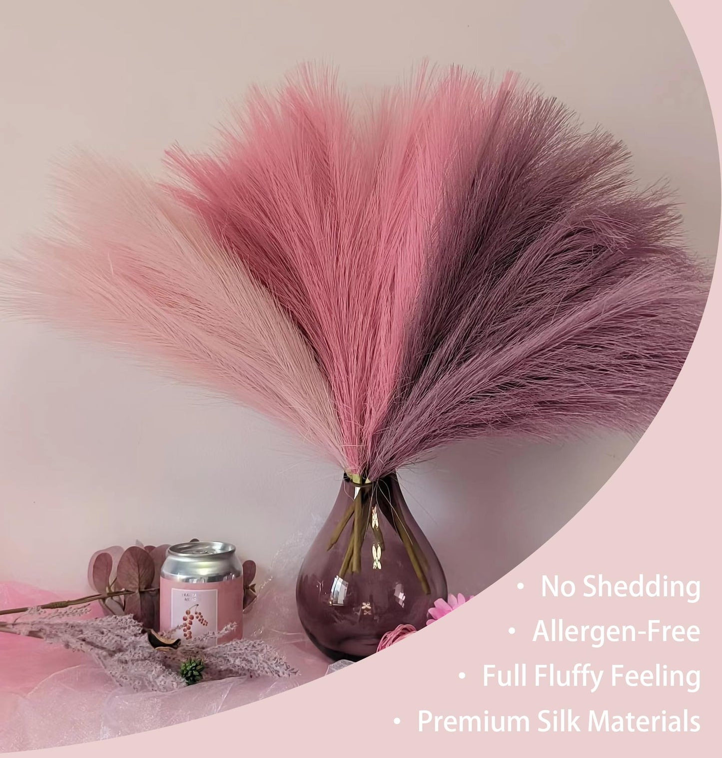 9 Pcs 17" Pampas Grass Decor Pink Purple Faux Dried Fluffy Fake Small Violet Pompas Artificial Pompous Short Stems Bouquet Flower Arrangement Vase Filler for Boho Home Wedding Decoration