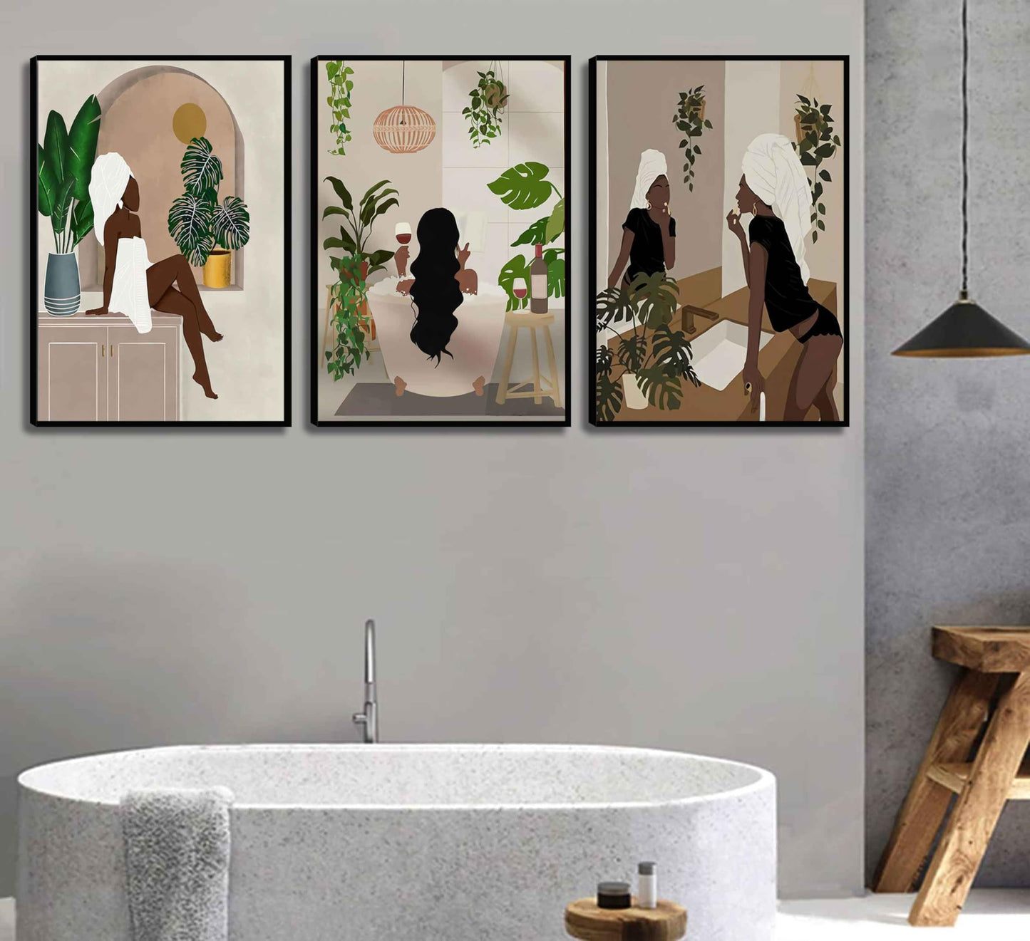 WSTUKVV 3Pcs Black Girl Bathroom Wall Art Boho Black Woman Posters Pictures African American Canvas Prints Fashion Abstract Paintings for Bathroom Home Bedroom Living Room Wall Decor Unframe