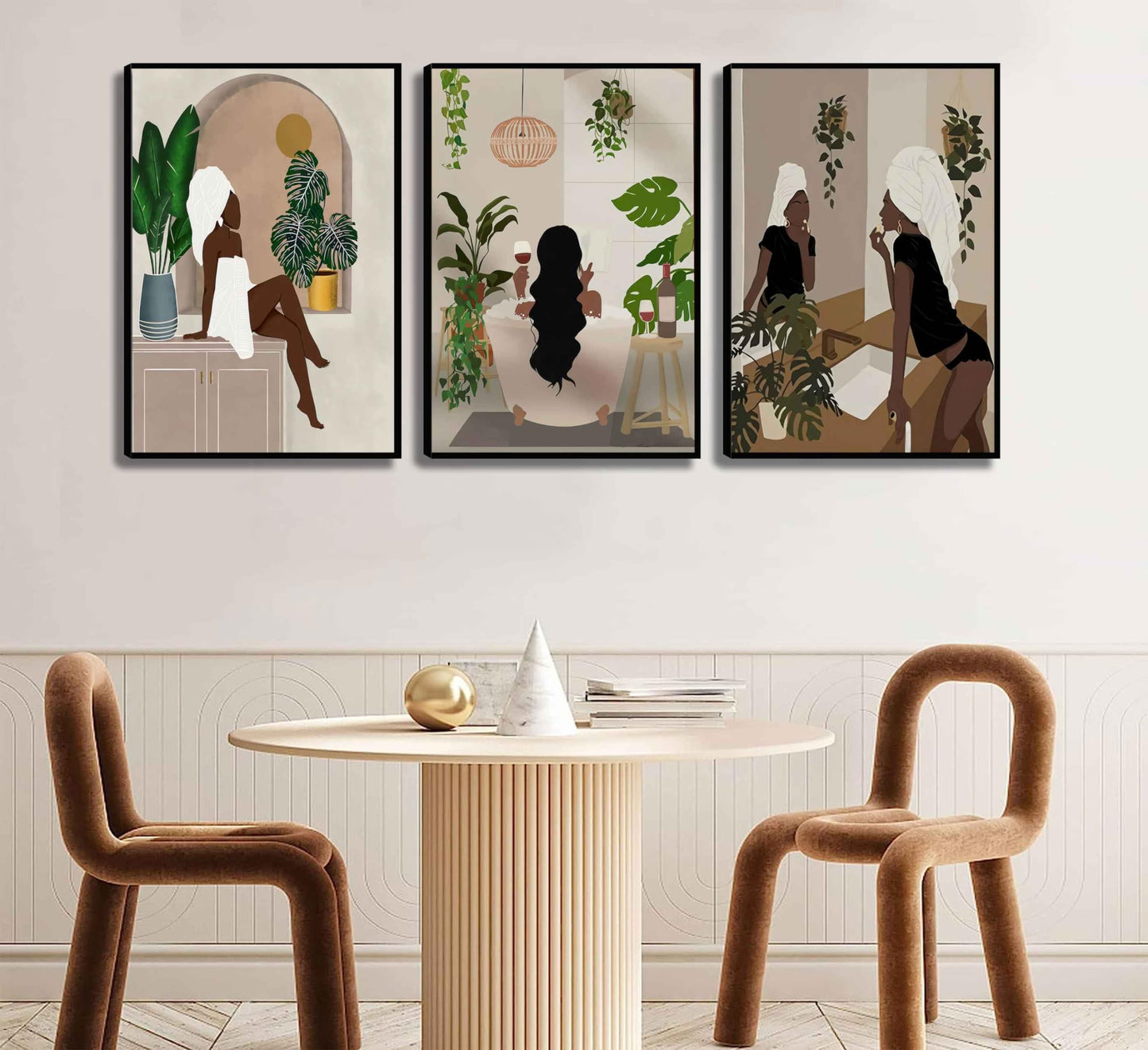 WSTUKVV 3Pcs Black Girl Bathroom Wall Art Boho Black Woman Posters Pictures African American Canvas Prints Fashion Abstract Paintings for Bathroom Home Bedroom Living Room Wall Decor Unframe