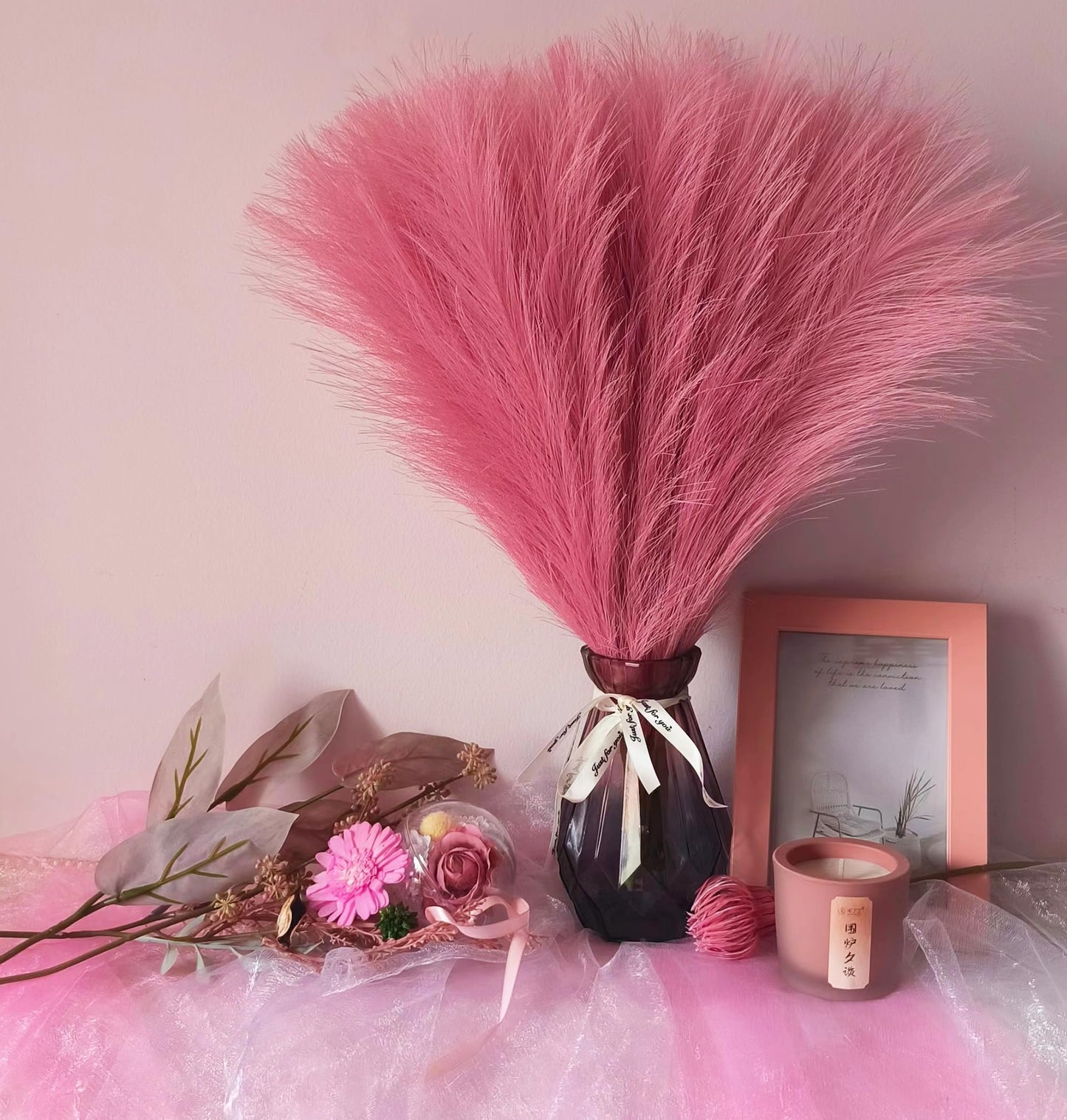 9 Pcs 17" Pampas Grass Decor Pink Purple Faux Dried Fluffy Fake Small Violet Pompas Artificial Pompous Short Stems Bouquet Flower Arrangement Vase Filler for Boho Home Wedding Decoration