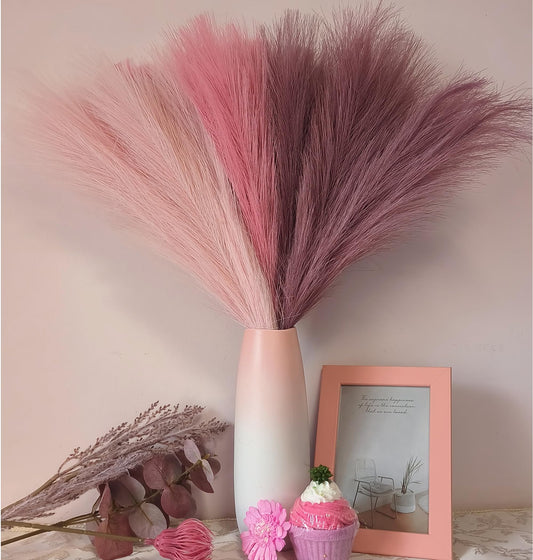 9 Pcs 17" Pampas Grass Decor Pink Purple Faux Dried Fluffy Fake Small Violet Pompas Artificial Pompous Short Stems Bouquet Flower Arrangement Vase Filler for Boho Home Wedding Decoration