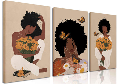 WSTUKVV 3Pcs Black Girl Bathroom Wall Art Boho Black Woman Posters Pictures African American Canvas Prints Fashion Abstract Paintings for Bathroom Home Bedroom Living Room Wall Decor Unframe