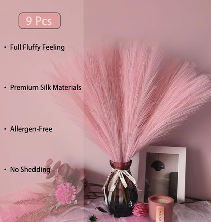 9 Pcs 17" Pampas Grass Decor Pink Purple Faux Dried Fluffy Fake Small Violet Pompas Artificial Pompous Short Stems Bouquet Flower Arrangement Vase Filler for Boho Home Wedding Decoration