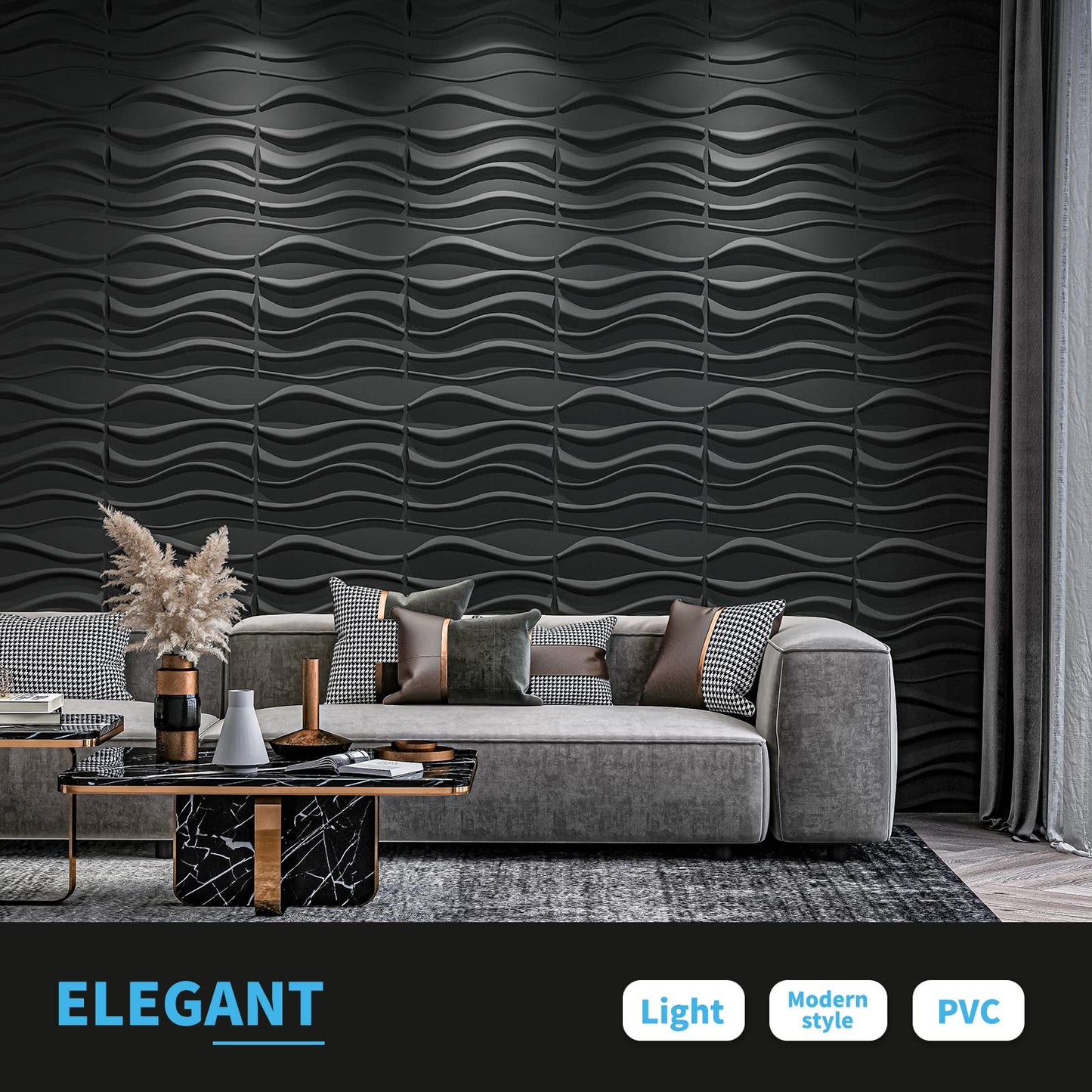 Art3d PVC Decorative Textures Black 3D Wall Panels for Interior Wall Décor, Black Wall Decor,Pack of 12 Tiles 32 Sq Ft