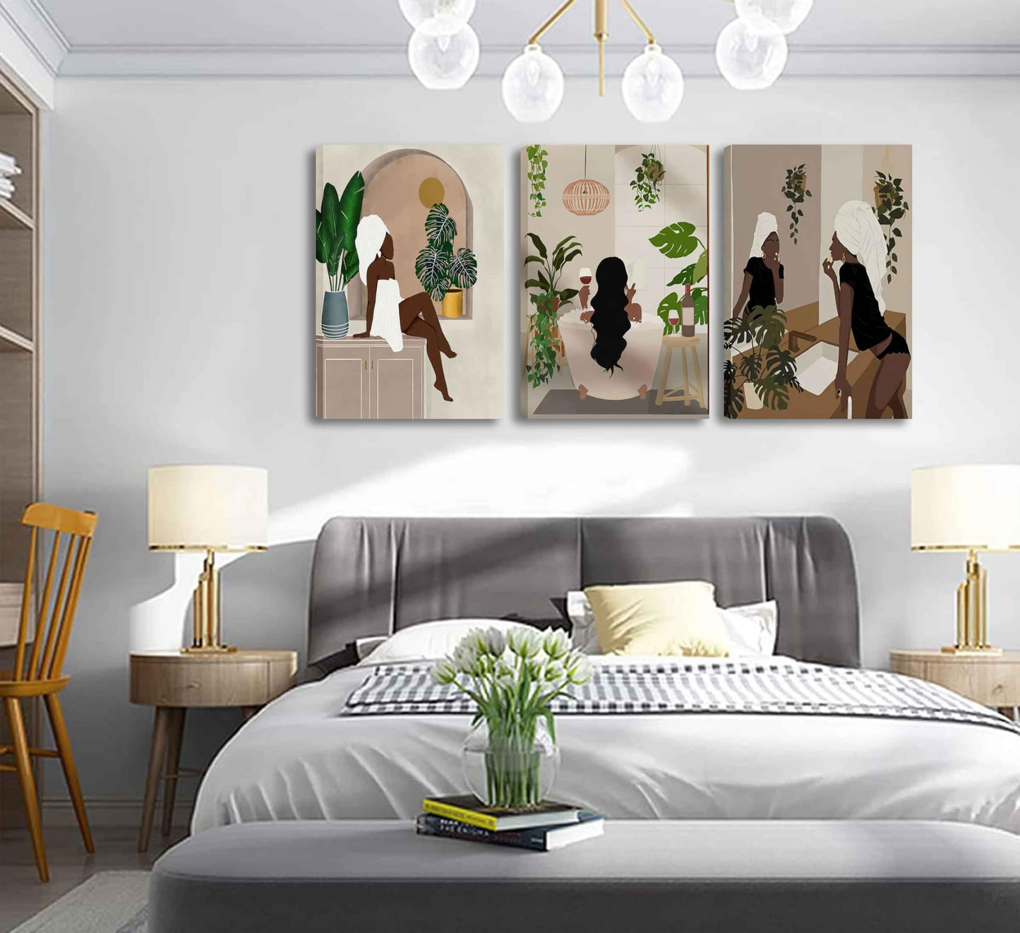 WSTUKVV 3Pcs Black Girl Bathroom Wall Art Boho Black Woman Posters Pictures African American Canvas Prints Fashion Abstract Paintings for Bathroom Home Bedroom Living Room Wall Decor Unframe