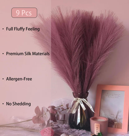 9 Pcs 17" Pampas Grass Decor Pink Purple Faux Dried Fluffy Fake Small Violet Pompas Artificial Pompous Short Stems Bouquet Flower Arrangement Vase Filler for Boho Home Wedding Decoration