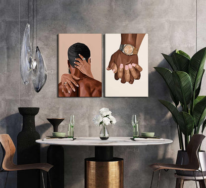 2 Pcs Afro Black Couple Canvas Wall Art African American Women Men Black Love Pictures Wall Decor Black Girl Poster Print Artwork for Bedroom Living Room Bathroom Office Home Decoration