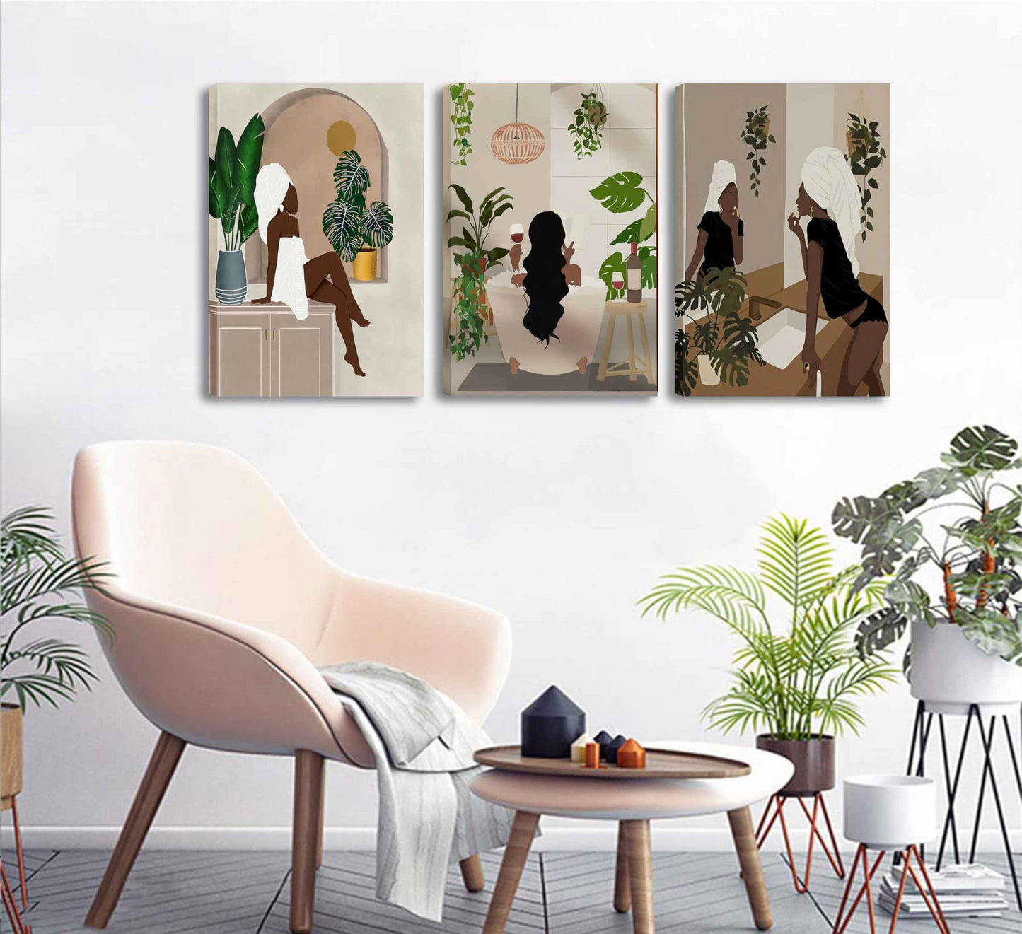 WSTUKVV 3Pcs Black Girl Bathroom Wall Art Boho Black Woman Posters Pictures African American Canvas Prints Fashion Abstract Paintings for Bathroom Home Bedroom Living Room Wall Decor Unframe