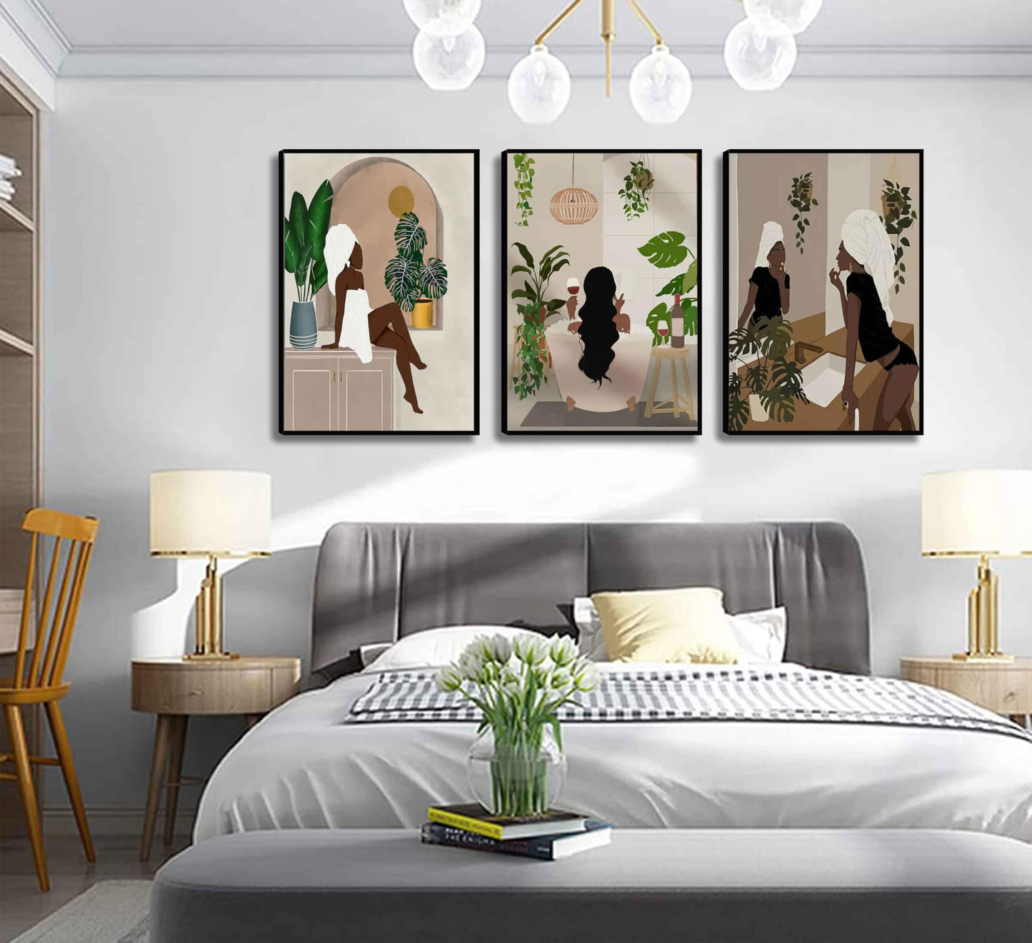 WSTUKVV 3Pcs Black Girl Bathroom Wall Art Boho Black Woman Posters Pictures African American Canvas Prints Fashion Abstract Paintings for Bathroom Home Bedroom Living Room Wall Decor Unframe