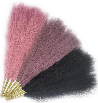 9 Pcs 17" Pampas Grass Decor Pink Purple Faux Dried Fluffy Fake Small Violet Pompas Artificial Pompous Short Stems Bouquet Flower Arrangement Vase Filler for Boho Home Wedding Decoration